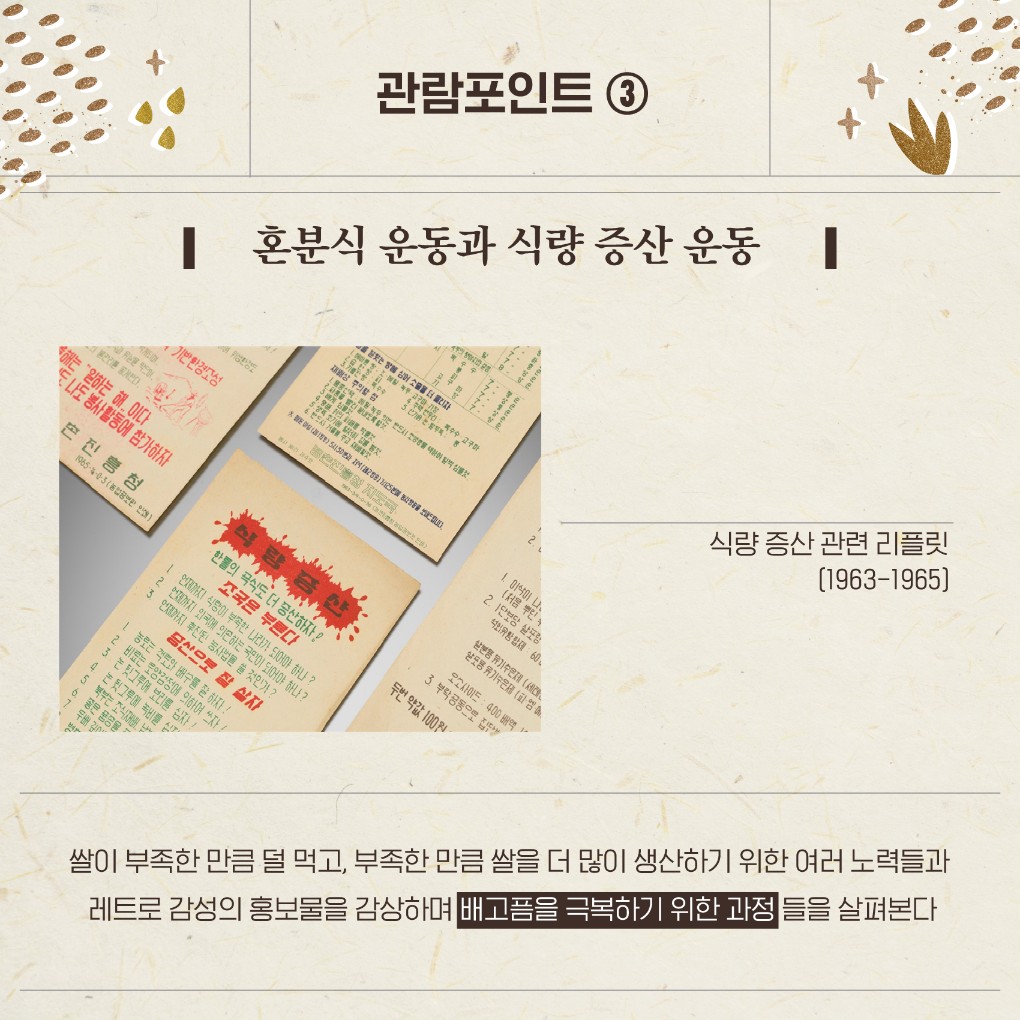 관람포인트 ③ 혼분식 운동과 식량 증산 운동 식량 증산 관련 리플릿(1963-1965) 쌀이 부족한 만큼 덜 먹고, 부족한 만큼 쌀을 더 많이 생산하기 위한 여러 노력들과 레트로 감성의 홍보물을 감상하며 배고픔을 극복하기 위한 과정들을 살펴본다