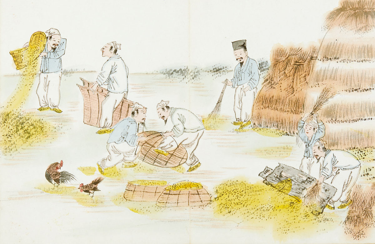 일재 김윤보, 〈타작도〉 《서선농가사시경직실경화첩》, 수묵 담채, 31.4x45.5cm
©국립농업박물관